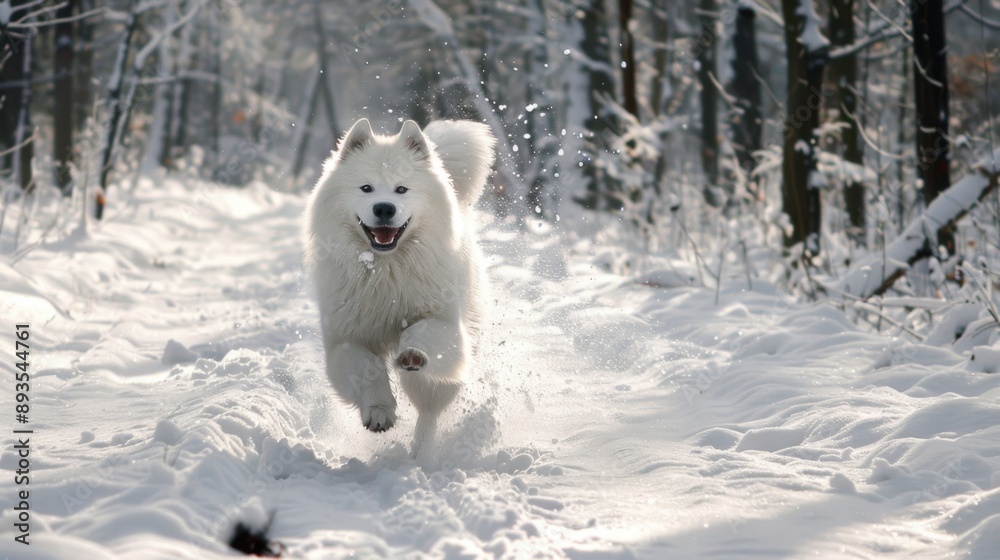 A fluffy Samoyed dog running happily through a snowy forest, leaving paw prints in the fresh snow. A fluffy Samoyed dog running happily through a snowy forest, leaving paw prints in the fresh snow.