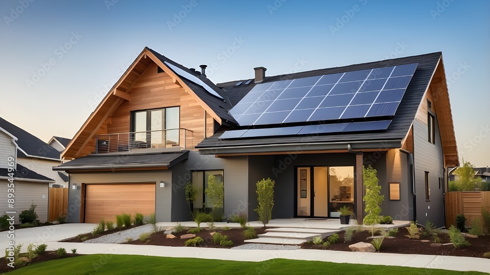 Solar panels on the gable roof of this new suburban home with a photovoltaic system installed on top. Eco-friendly, passive, modern home with a planted backyard. Solar panels on the gable roof of this new suburban home with a photovoltaic system installed on top. Eco-friendly, passive, modern home with a planted backyard.
