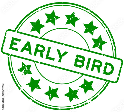 Grunge green early bird word round rubber seal stamp on white background