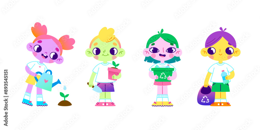 Naklejka premium Cartoon eco volunteers children set. Vector colorful environmental care collection with diverse kids.