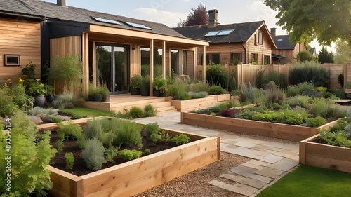 In a contemporary garden with wooden raised beds, plants are being grown for flowers, vegetables, herbs, and spices next to a wooden house in the country.