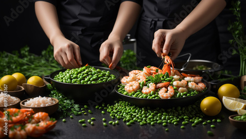 A skillet of cooked peas and shrimp with a hand reaching in to grab a shrimp. There is a lemon and other ingredients scattered around the skillet.