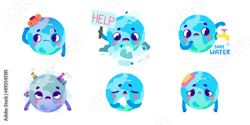Eco problem set. Retro cartoon earth mascot with cute face. Environment problem  vector bundle.