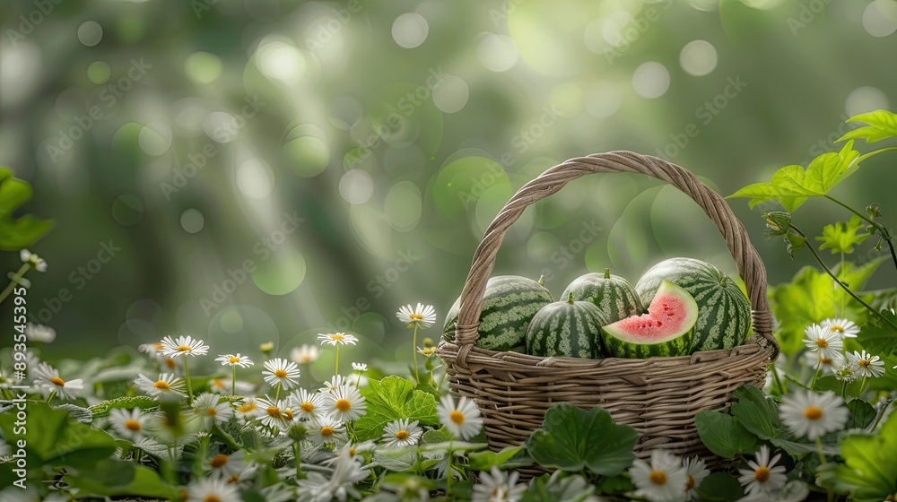 Watermelon slices on the grass next to a wicker basket overflowing with whole watermelons in a sunny, outdoor setting Watermelon slices on the grass next to a wicker basket overflowing with whole watermelons in a sunny, outdoor setting