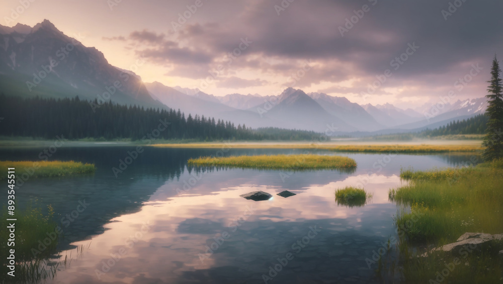 Fototapeta premium calm lake with large mountains in the distance