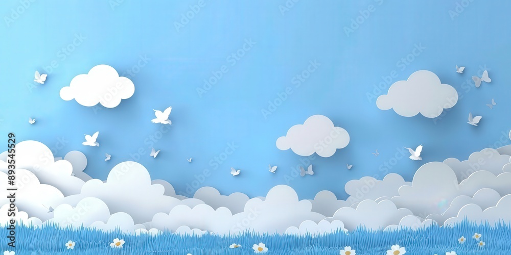 Paper Cutout Sky with White Clouds and Butterflies Paper Cutout Sky with White Clouds and Butterflies