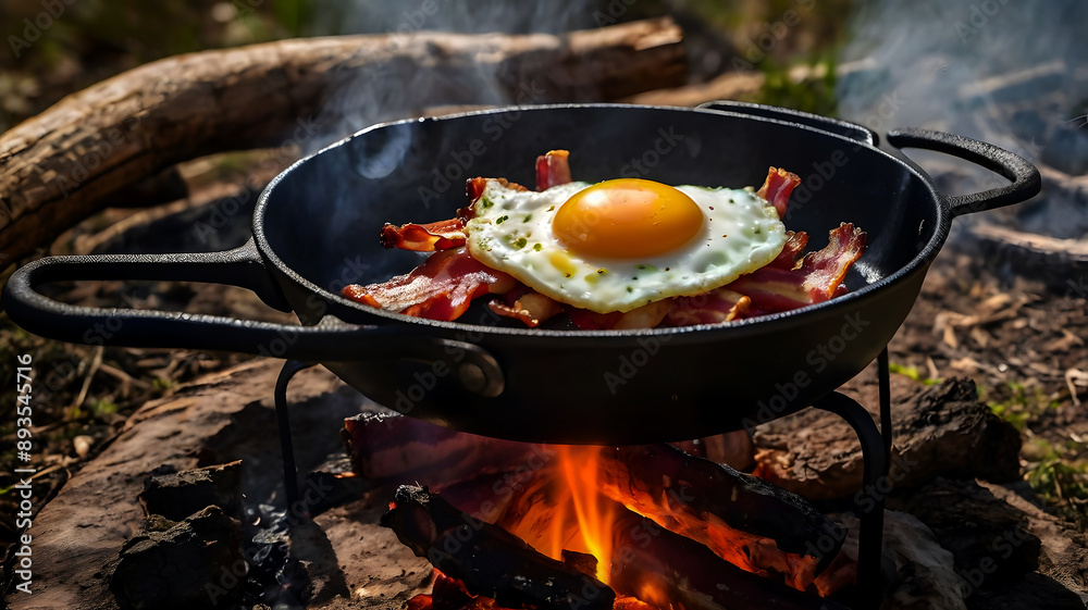 Camping breakfast with bacon and eggs in a cast iron skillet. Fried eggs with bacon in a pan in the forest Camping breakfast with bacon and eggs in a cast iron skillet. Fried eggs with bacon in a pan in the forest