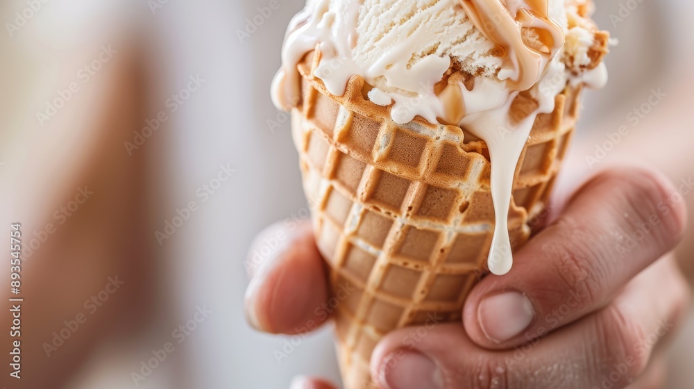 A hand holds a waffle cone filled with melting vanilla ice cream, captured in a close-up shot, highlighting the delicious texture and creamy goodness of the treat.