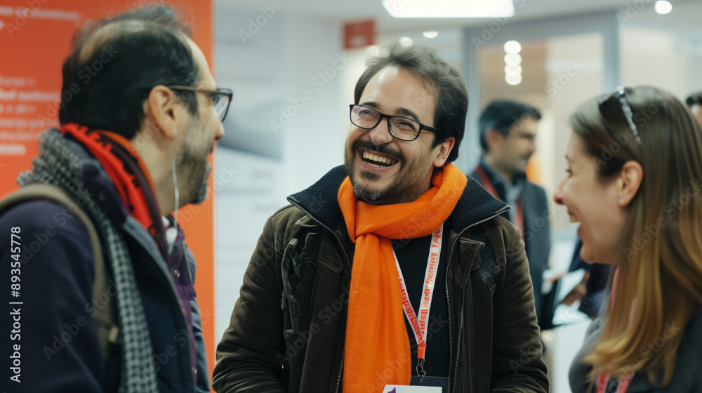 Happy colleagues laughing together at a conference... Happy colleagues laughing together at a conference...