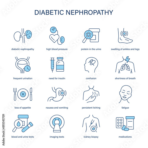 Diabetic Nephropathy symptoms, diagnostic and treatment vector icons. Medical icons.