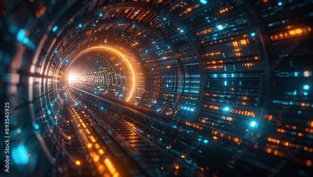 Fototapeta premium Futuristic Tunnel with Orange and Blue Lights