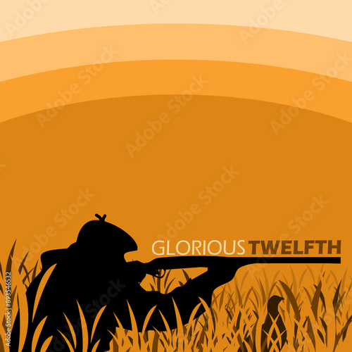 Glorious Twelfth event hunting banner. Illustration of a hunter shooting grouse in the grass in the afternoon to celebrate on August 12