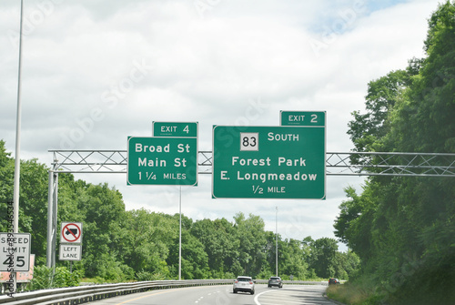 91 North highway signage, Massachusetts, United States, exit and various signs. photo