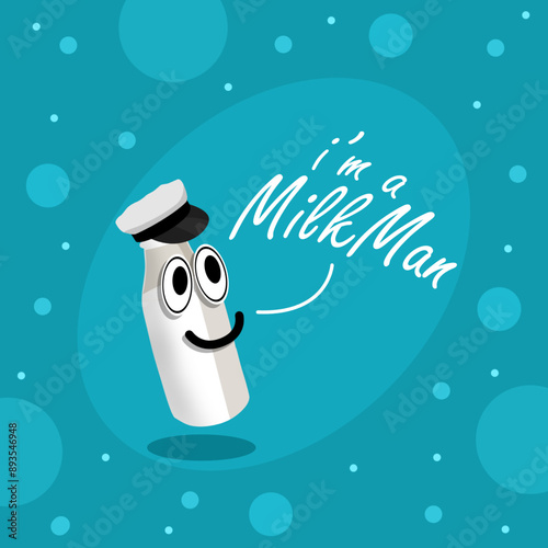 Milkman Day event drink banner. Smiling bottle wearing a milkman's hat with calligraphic text on light blue background to celebrate on August 12th