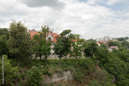 A view from the Smotrytsky Canyon in Kamianets-Podilskyi city. There are poor trees by the cliff