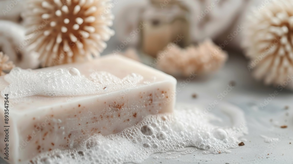 A pristine artisanal soap bar surrounded by natural bath accessories, with water bubbles highlighting its organic ingredients and the luxurious bathing experience it promises. A pristine artisanal soap bar surrounded by natural bath accessories, with water bubbles highlighting its organic ingredients and the luxurious bathing experience it promises.