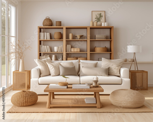 Wallpaper Mural Modern Living Room Interior Design with White Sofa Wooden Coffee Table and Bookshelf Torontodigital.ca