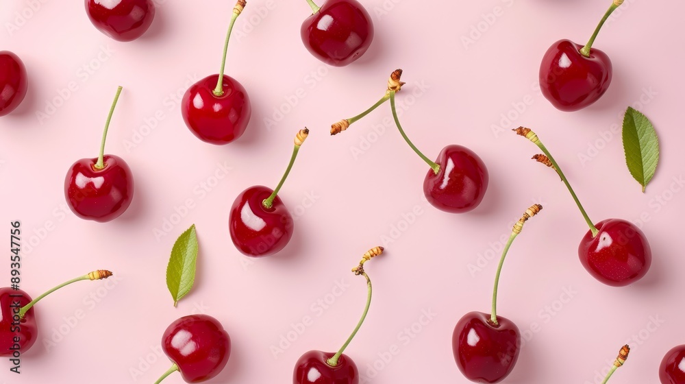 A cheerful pattern of cherries with green stems and leaves, on a light pink background, high-resolution photo, realistic photo, hyper realistic A cheerful pattern of cherries with green stems and leaves, on a light pink background, high-resolution photo, realistic photo, hyper realistic