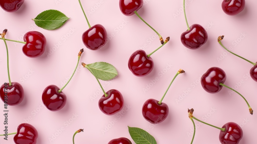 A cheerful pattern of cherries with green stems and leaves, on a light pink background, high-resolution photo, realistic photo, hyper realistic A cheerful pattern of cherries with green stems and leaves, on a light pink background, high-resolution photo, realistic photo, hyper realistic