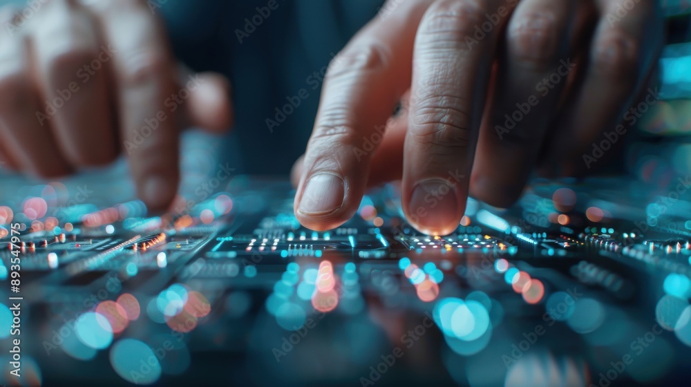 This image captures the intricate process of human fingers delicately manipulating a digital circuit board, demonstrating precision and intricacy in modern electronics handling and assembly. This image captures the intricate process of human fingers delicately manipulating a digital circuit board, demonstrating precision and intricacy in modern electronics handling and assembly.