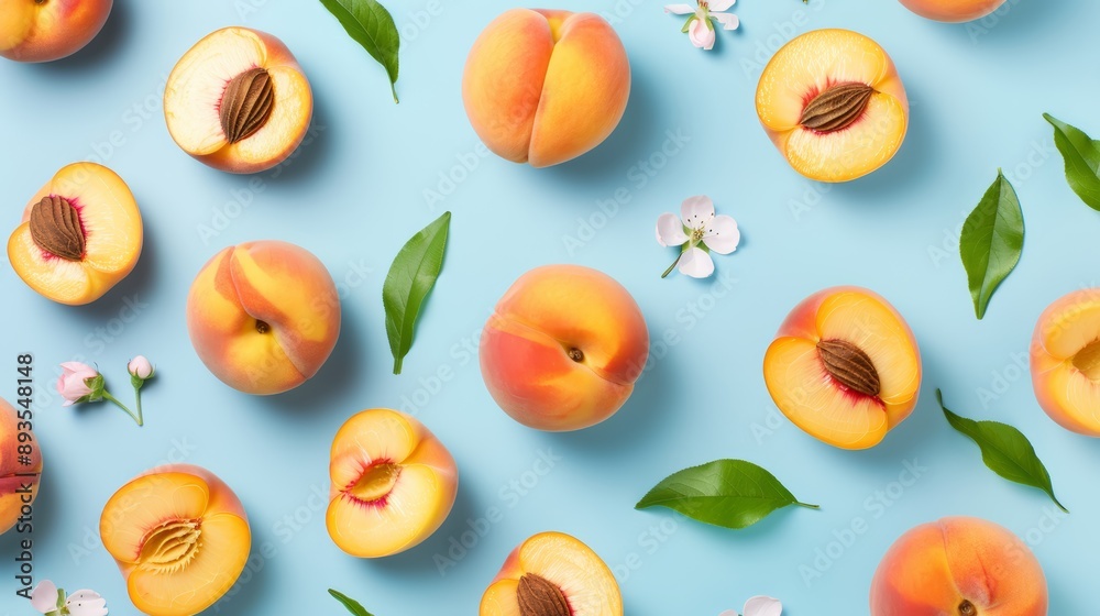 A colorful pattern of whole and sliced peaches, with leaves and blossoms, high-resolution photo, realistic photo, hyper realistic A colorful pattern of whole and sliced peaches, with leaves and blossoms, high-resolution photo, realistic photo, hyper realistic