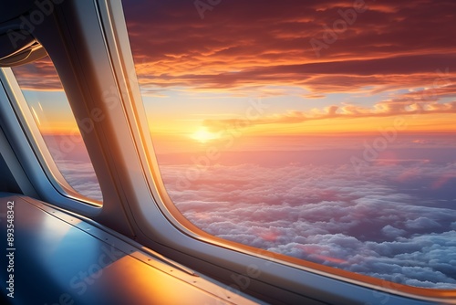 Airplane window view above clouds at sunset. 3d rendering.