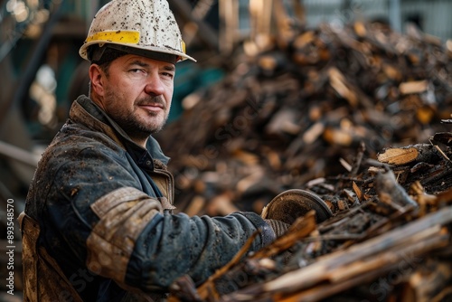 A bearded man using wood pellets as a renewable and eco-friendly fuel source for his boiler, heating his home in winter. ai generated