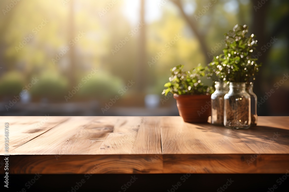 Wooden table top on blur city background, product display montage Wooden table top on blur city background, product display montage