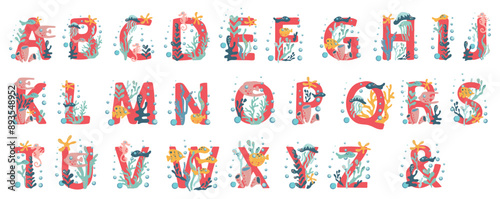 Coral alphabet with underwater life. Various fish, corals, algae, jellyfish, seahorses and starfish. Set of monograms in underwater marine style. Vector initials for design
