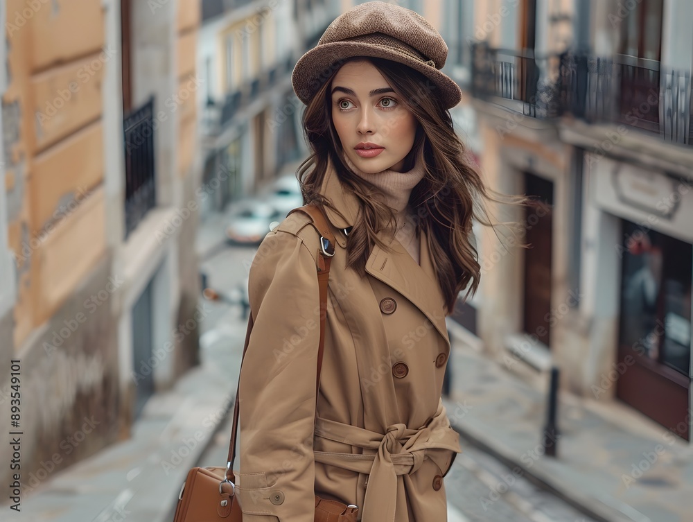 Chic Woman in Trench Coat and Beret Exploring European City Street Chic Woman in Trench Coat and Beret Exploring European City Street