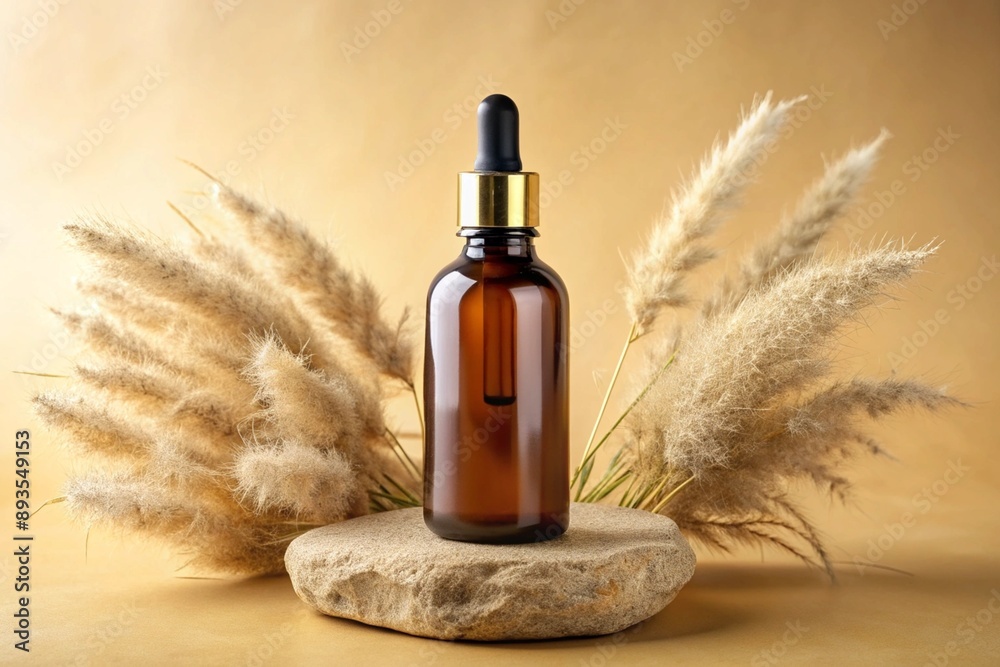 Fototapeta premium Mockup of a brown glass cosmetic bottle with blank label, placed near stones and pampas grass on a light yellow background