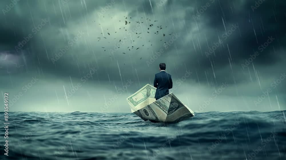 Businessman navigating a boat made of dollar bills in a stormy sea. Seamless looping time-lapse 4k video animation background