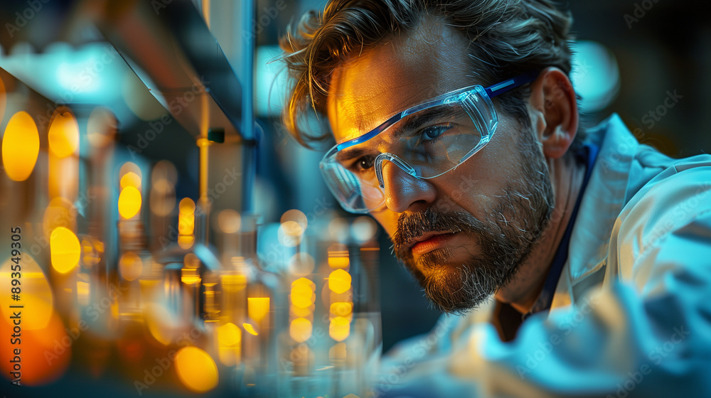 dedicated scientist in lab coat conducting experiments with glassware in a brightly lit laboratory setting dedicated scientist in lab coat conducting experiments with glassware in a brightly lit laboratory setting
