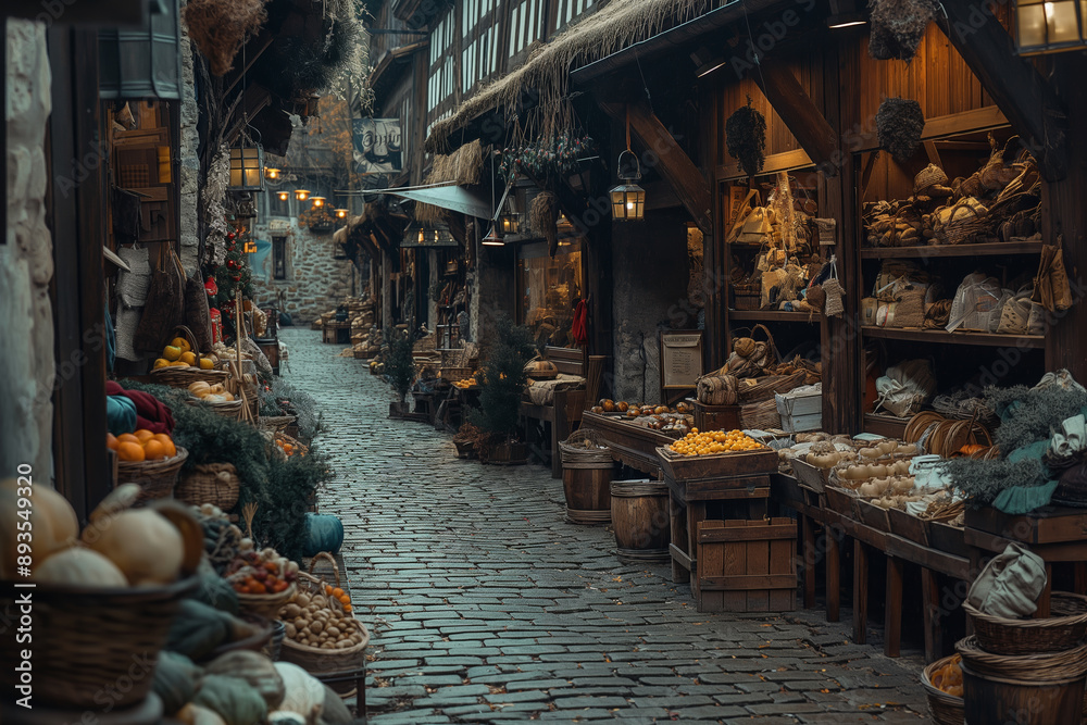Charming Medieval Market Street with Seasonal Produce and Cobblestone Path Charming Medieval Market Street with Seasonal Produce and Cobblestone Path