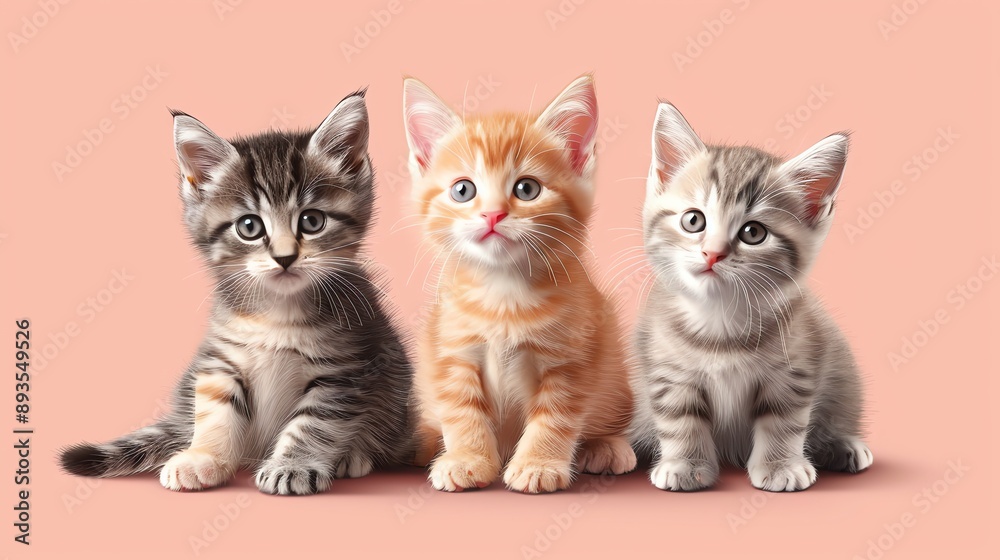 Obraz premium Three cute kittens with different coat colors sitting in a row on a light pink background.