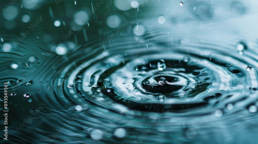 A detailed macro image capturing the moment of a water droplet hitting the water surface, creating a ripple and splash, with a greenish hue for a calming effect.