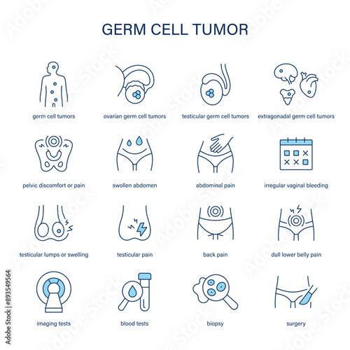 Germ Cell Tumor symptoms, diagnostic and treatment vector icons. Medical icons.