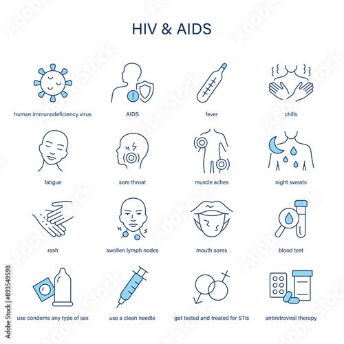 HIV and AIDS symptoms, diagnostic and treatment vector icons. Medical icons.