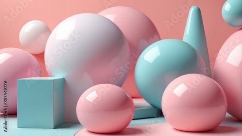 Abstract composition with pastel glossy pink and blue geometric shapes.