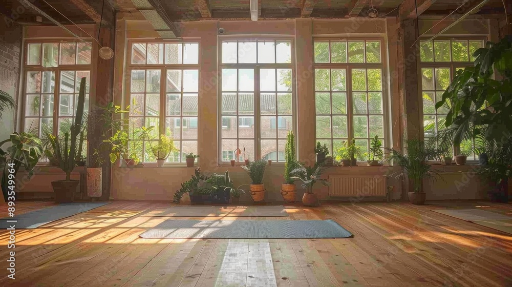 Fototapeta premium Tranquil Yoga Studio with Abundant Natural Light and Greenery