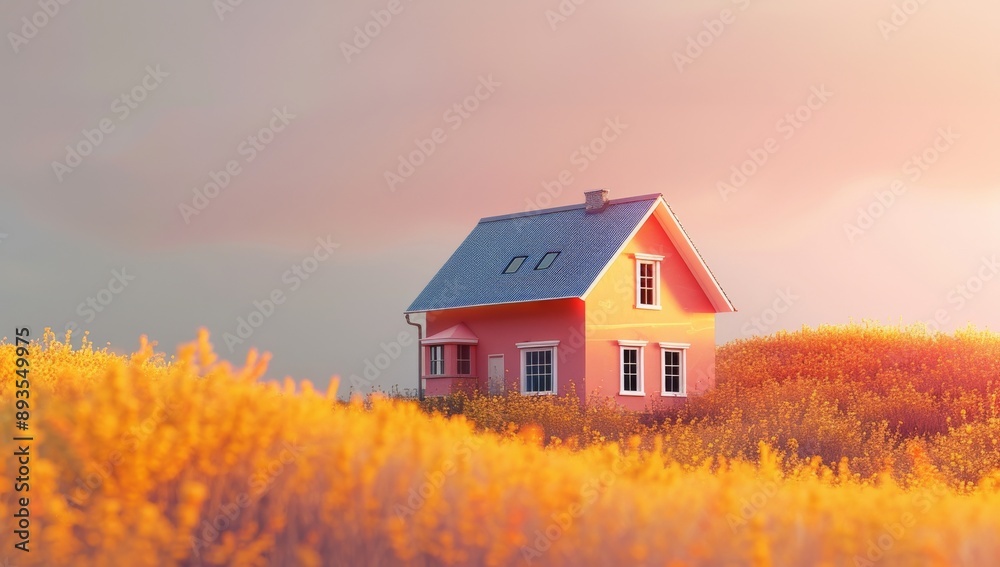 a small house in the field at sunset. a small house in the field at sunset.