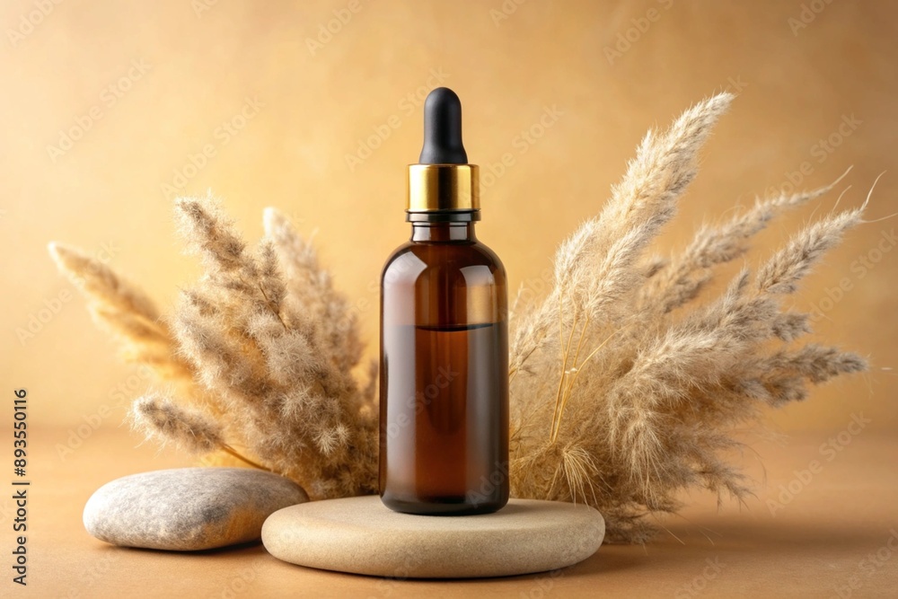 Fototapeta premium Mockup of a brown glass cosmetic bottle with blank label, placed near stones and pampas grass on a light yellow background
