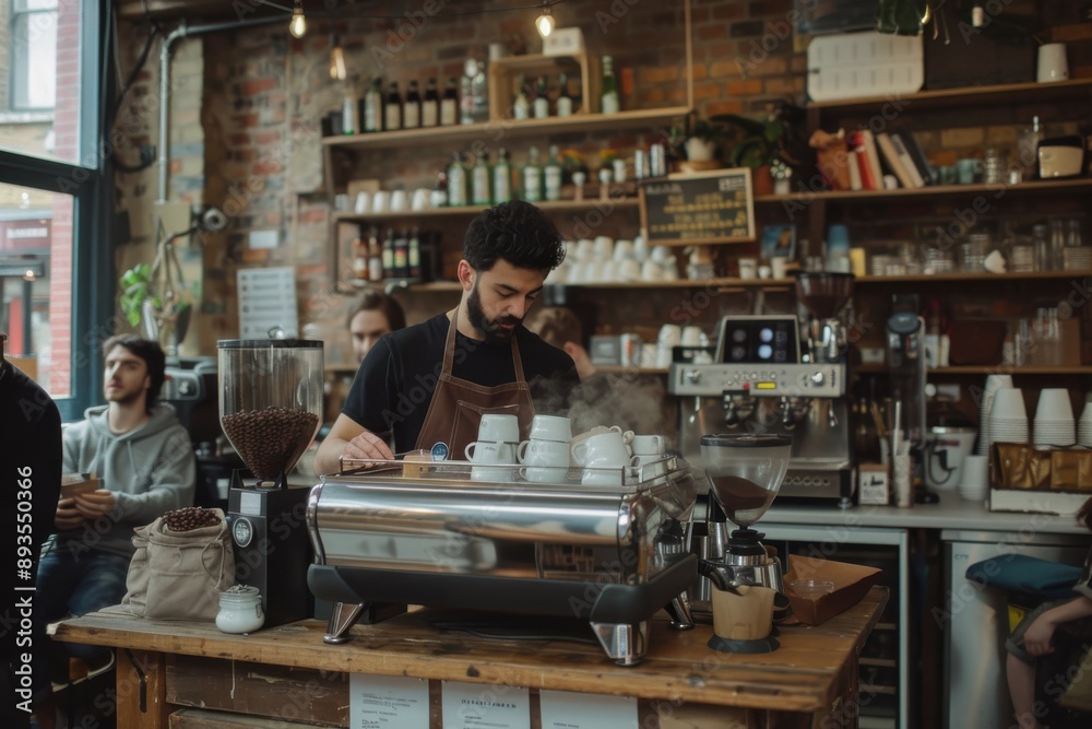 A barista in action preparing a steaming cup of coffee behind a counter in a trendy cafe, showcasing the warm and cozy atmosphere, and the art of coffee making. A barista in action preparing a steaming cup of coffee behind a counter in a trendy cafe, showcasing the warm and cozy atmosphere, and the art of coffee making.