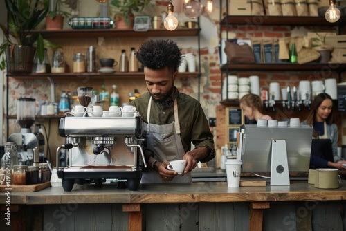 A barista concentrating on a task while preparing a cup of coffee using an espresso machine in a stylish, trendy cafe setting, emphasizing the charm and craft of coffee making.