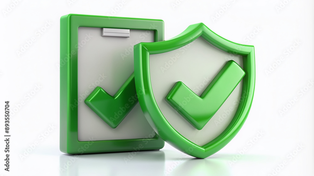 Green check mark sign with certificate and shield on a white background, symbolizing standard quality control certification assurance and guarantee with copy space, 3d illustration.