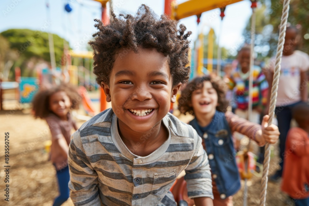 A group of children with big smiles are enjoying themselves while playing on colorful playground swings, highlighting the delightful moments of friendship and youthful exuberance. A group of children with big smiles are enjoying themselves while playing on colorful playground swings, highlighting the delightful moments of friendship and youthful exuberance.