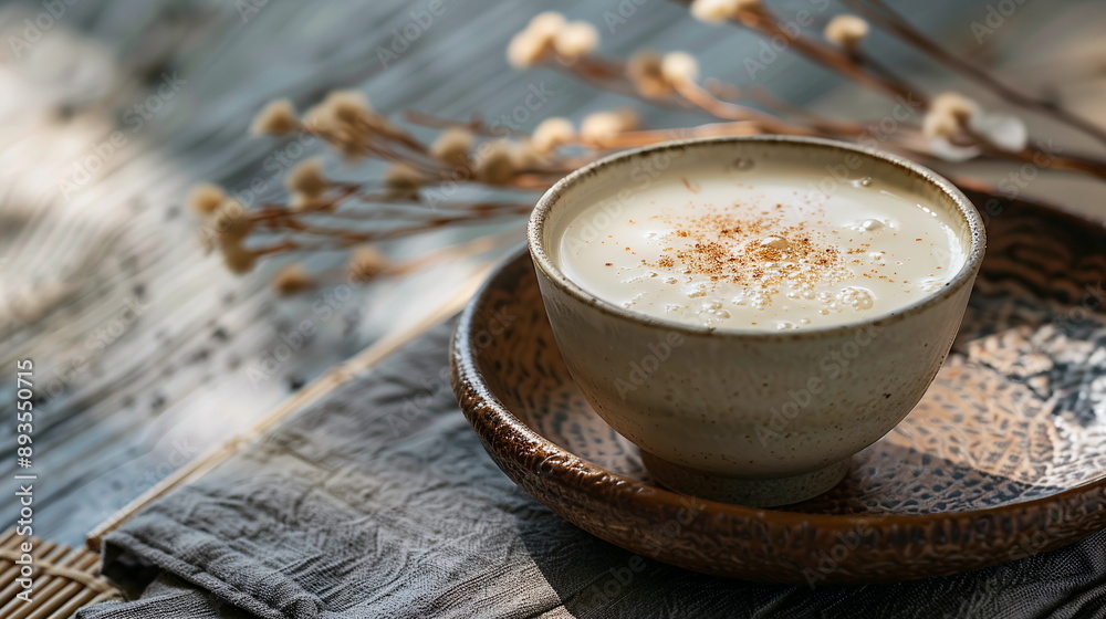 A cup of Japanese amazake, a sweet fermented rice drink, served warm with a touch of nutmeg. Festive atmosphere of Christmas and New Year A cup of Japanese amazake, a sweet fermented rice drink, served warm with a touch of nutmeg. Festive atmosphere of Christmas and New Year
