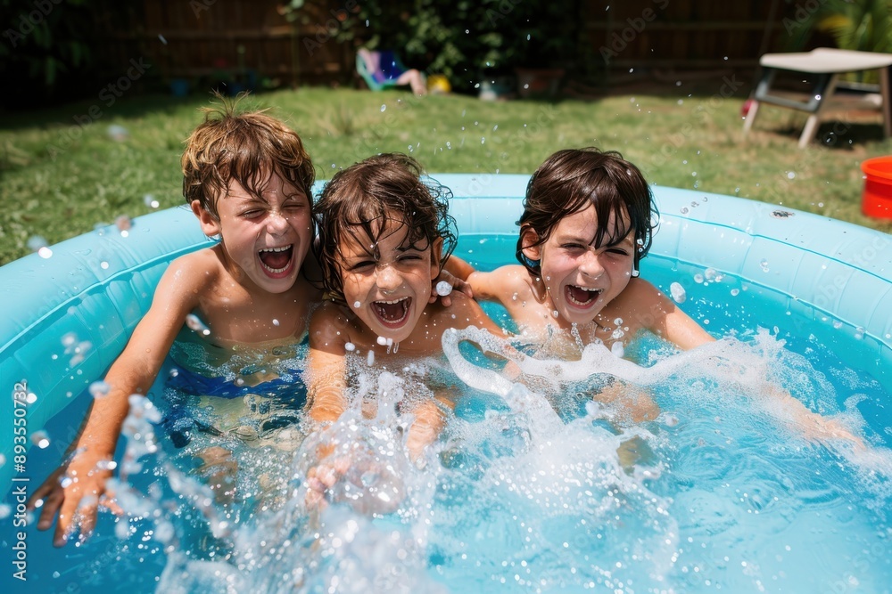 Three young children exuberantly laugh and splash water in an inflatable pool, enjoying a refreshing and fun-filled summer day together in their backyard, creating joyful memories. Three young children exuberantly laugh and splash water in an inflatable pool, enjoying a refreshing and fun-filled summer day together in their backyard, creating joyful memories.