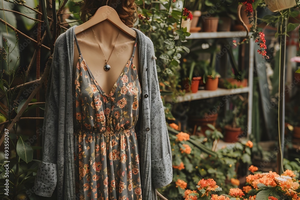 Casual Spring Outfit with Floral Dress Cardigan and Flats in Blooming Garden Casual Spring Outfit with Floral Dress Cardigan and Flats in Blooming Garden