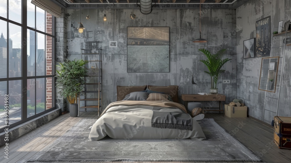 a bedroom in a loft with a large window a bedroom in a loft with a large window